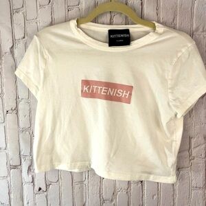 Kittenish white cotton XL crop top with pink lettering